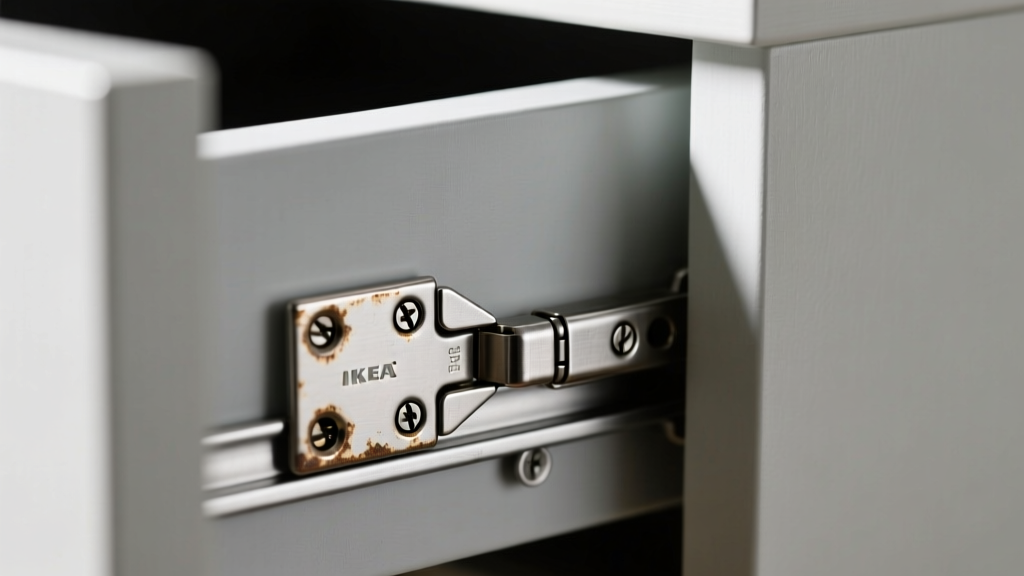 Macro shot of a 304 stainless steel butt hinge replacing a zinc hinge on an IKEA ALEX drawer, showing precise screw alignment
