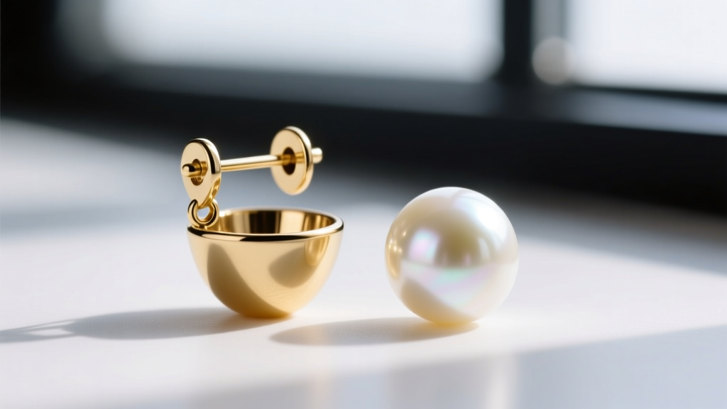 Close-up of an 18k gold pearl earring post with a cup and peg, next to a loose white South Sea pearl with a half-drill hole