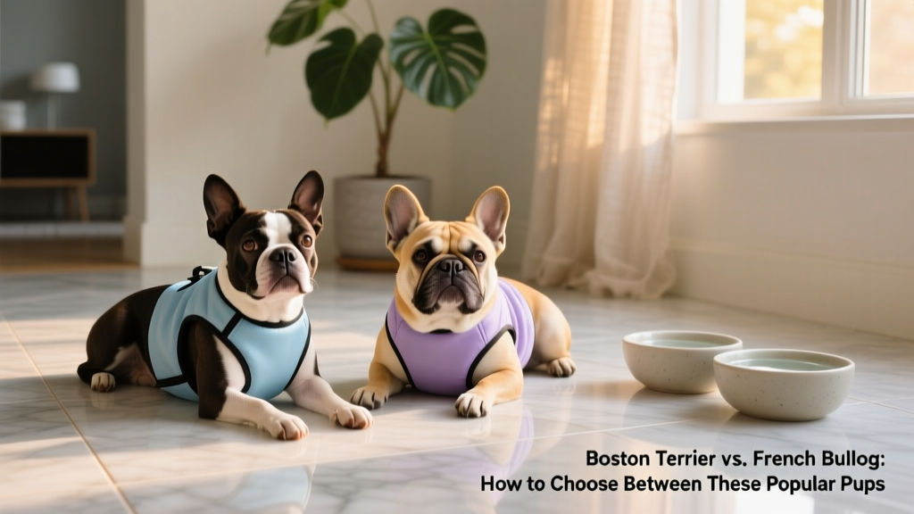 A Boston Terrier and a French Bulldog resting side-by-side on a cool tile floor indoors, each wearing a lightweight cooling vest, with water bowls nearby