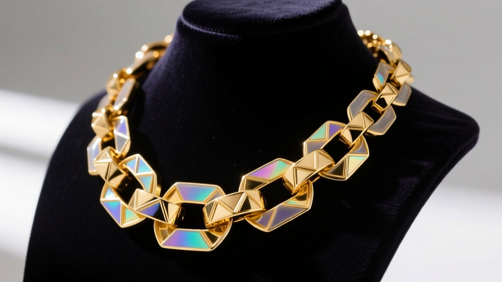 Close-up of a bold maximalist gold vermeil gaudy necklace with chunky resin links resting on a dark velvet jewelry display bust