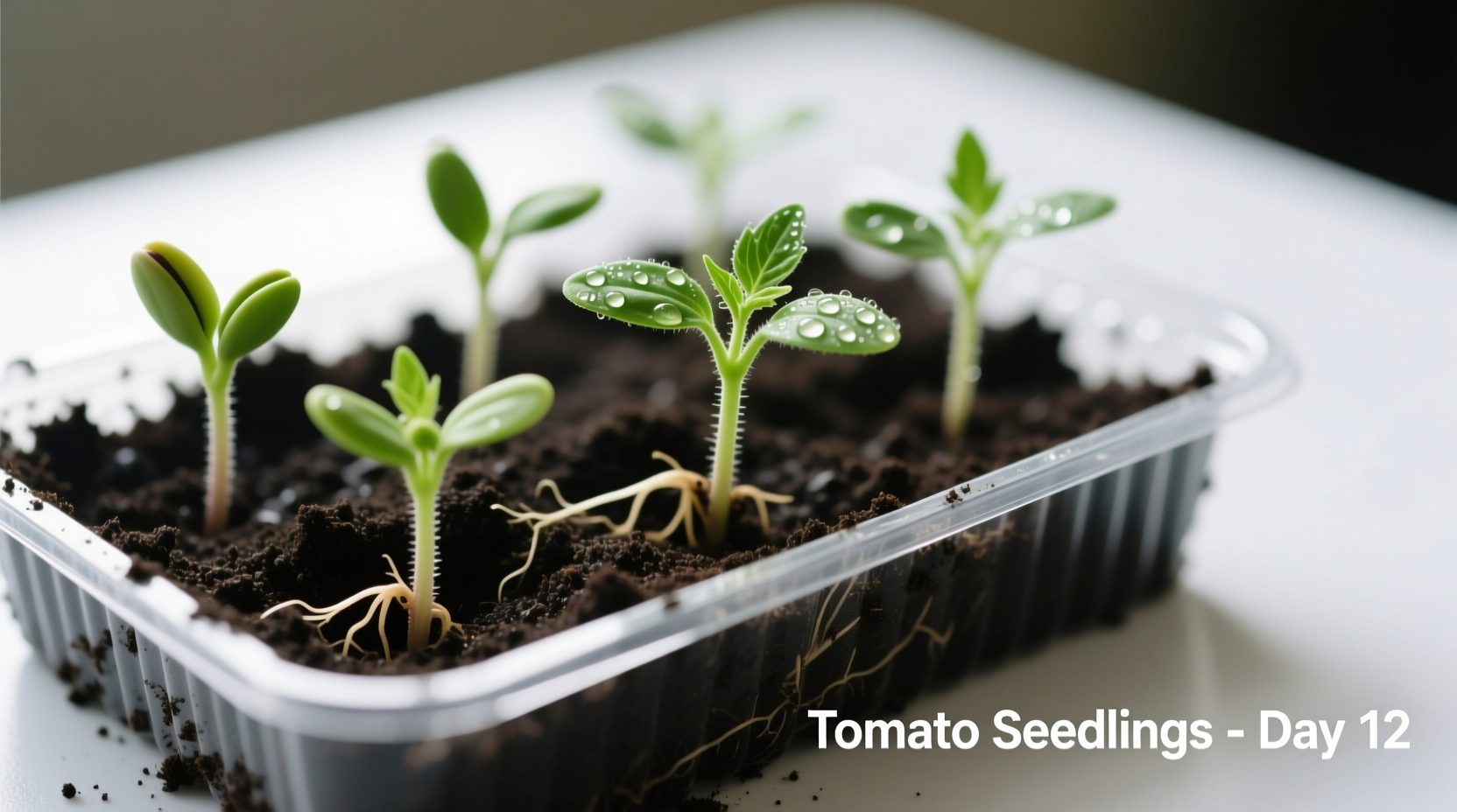 Tomato seedlings emerging from soil in seed tray