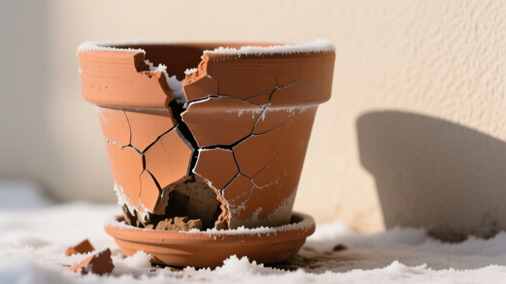 Cracked standard terracotta planter showing severe structural damage from water expansion during a harsh winter freeze-thaw cycle