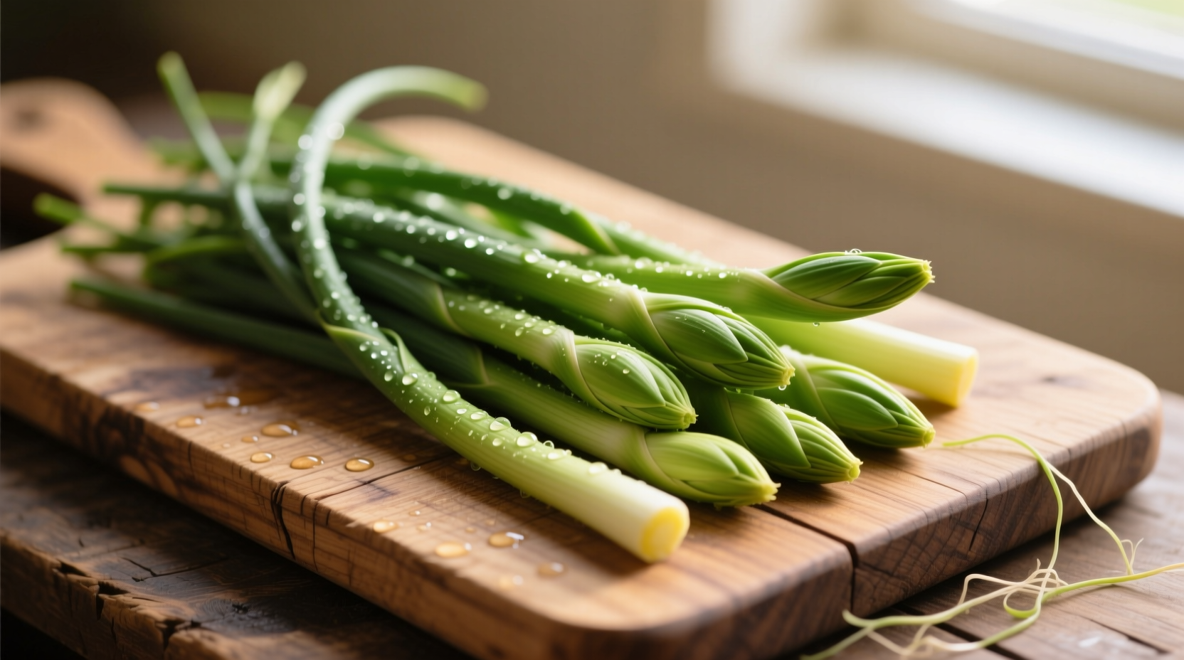 Fresh garlic scapes on wooden cutting board