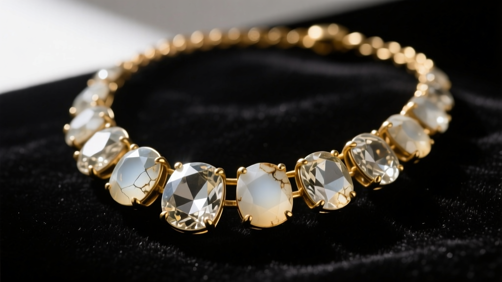 Close-up of an antique foil-backed paste diamond necklace on dark velvet, highlighting cloudy deterioration of the glass stones