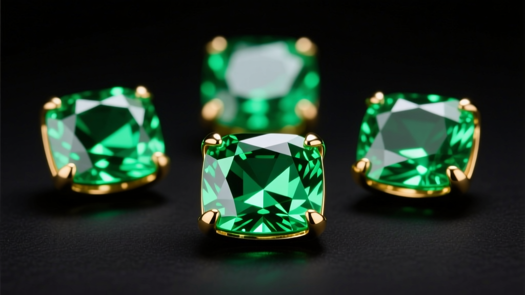 Neon green synthetic spinel studs in gold bezels, shot under studio light to show vivid refraction and sharp facet clarity