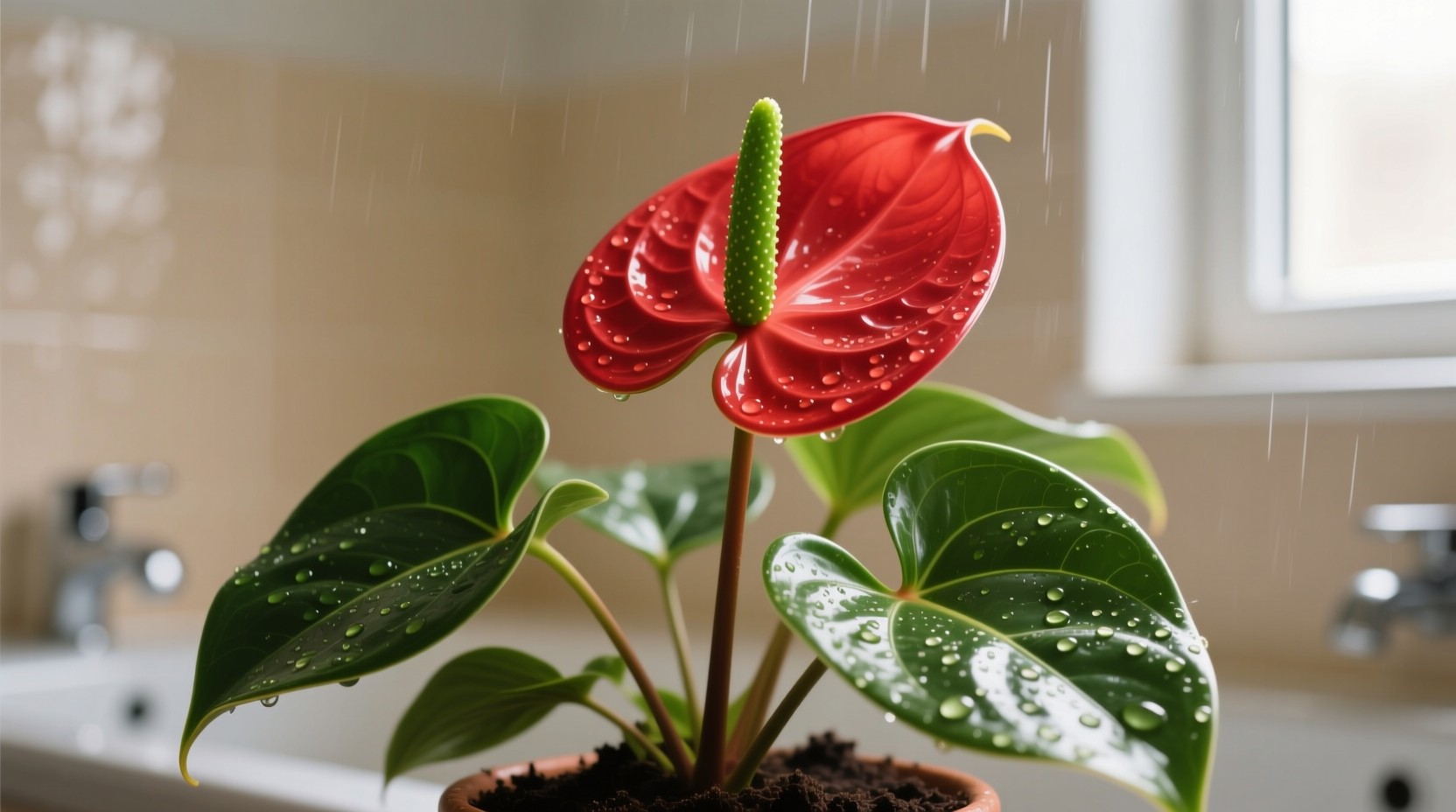 Anthurium in humid bathroom setting, highlighting why high-moisture environments matter for continuous flowering outside tropical regions