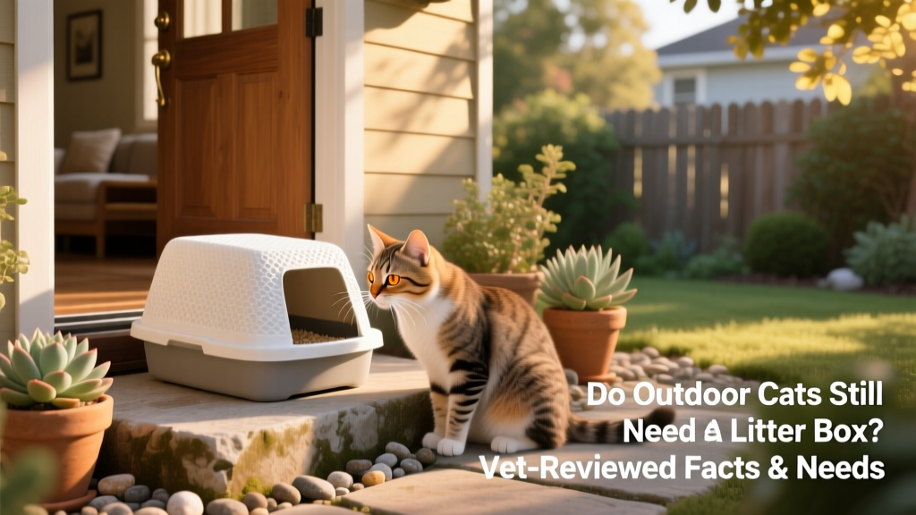 A curious outdoor cat sniffing at a clean, covered litter box placed near a patio door