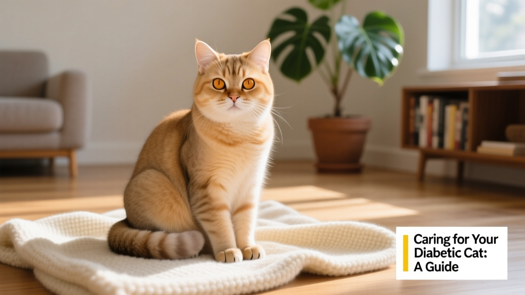 A calm, well-groomed senior cat sitting peacefully on a soft blanket, looking healthy and content