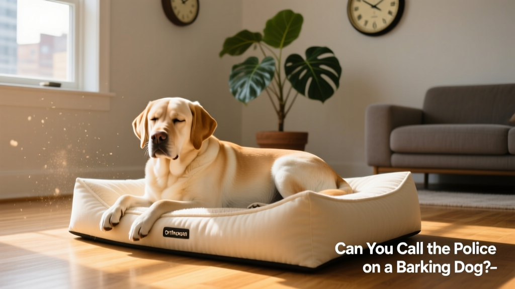 A calm, well-exercised dog resting quietly on a soft bed indoors