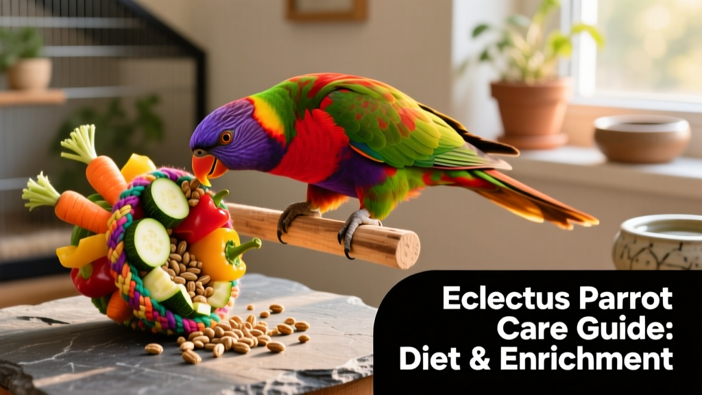 Eclectus parrot interacting with a foraging toy filled with chopped vegetables and pellets