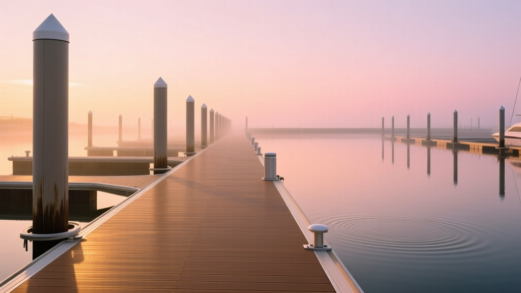 Fiberglass composite pilings and capped polymer decking installed on a commercial marina dock over calm coastal water at sunrise