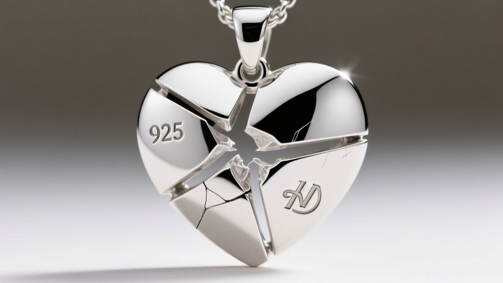 Close-up macro shot of a 925 sterling silver heart pendant split into three pieces, showing the rhodium plating and metal stamp.