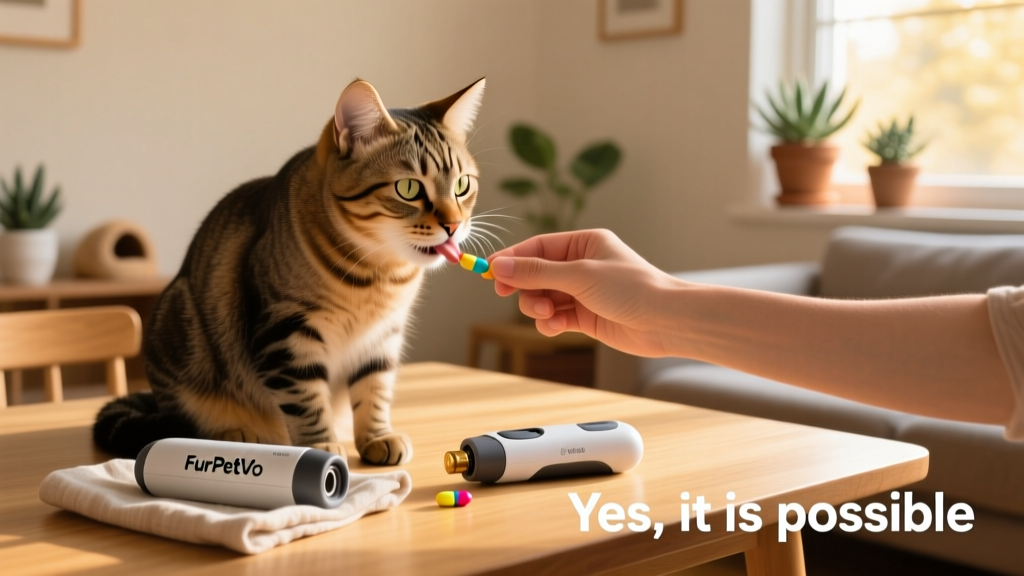 A relaxed cat accepting a treat immediately after successfully taking a pill, with FurPetVo Pill Gun visible nearby