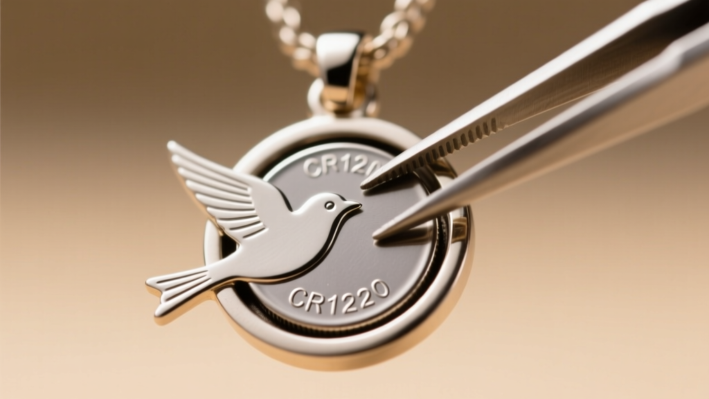 Macro shot of a CR1220 lithium coin battery being inserted into a metallic bird pendant compartment using precision tweezers.