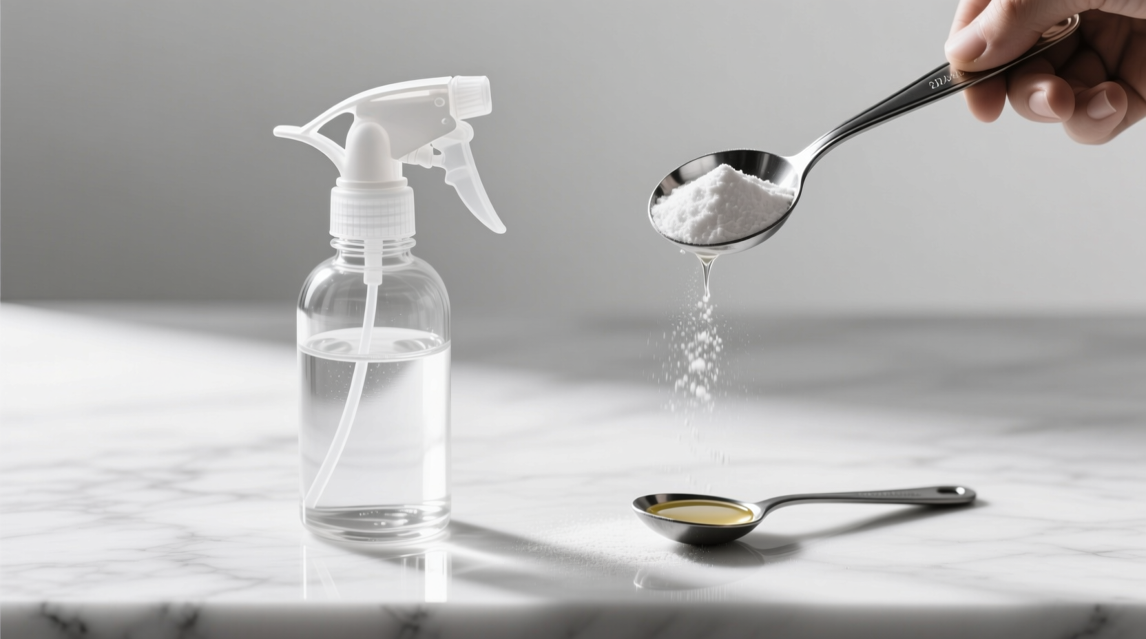 Measuring spoons with baking soda and liquid soap being mixed into a spray bottle with water