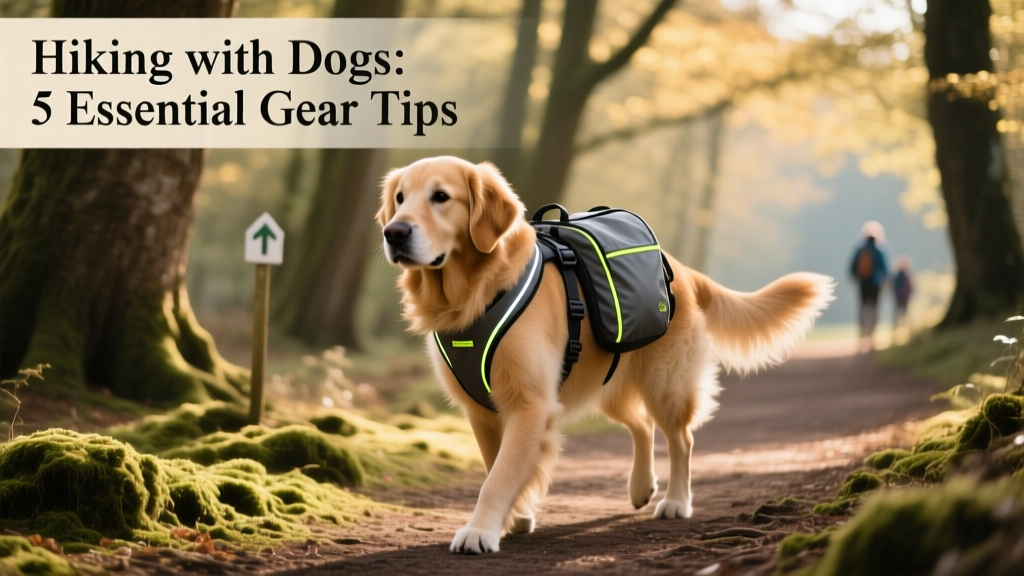 A well-equipped dog wearing a lightweight harness and carrying a small backpack on a shaded woodland path