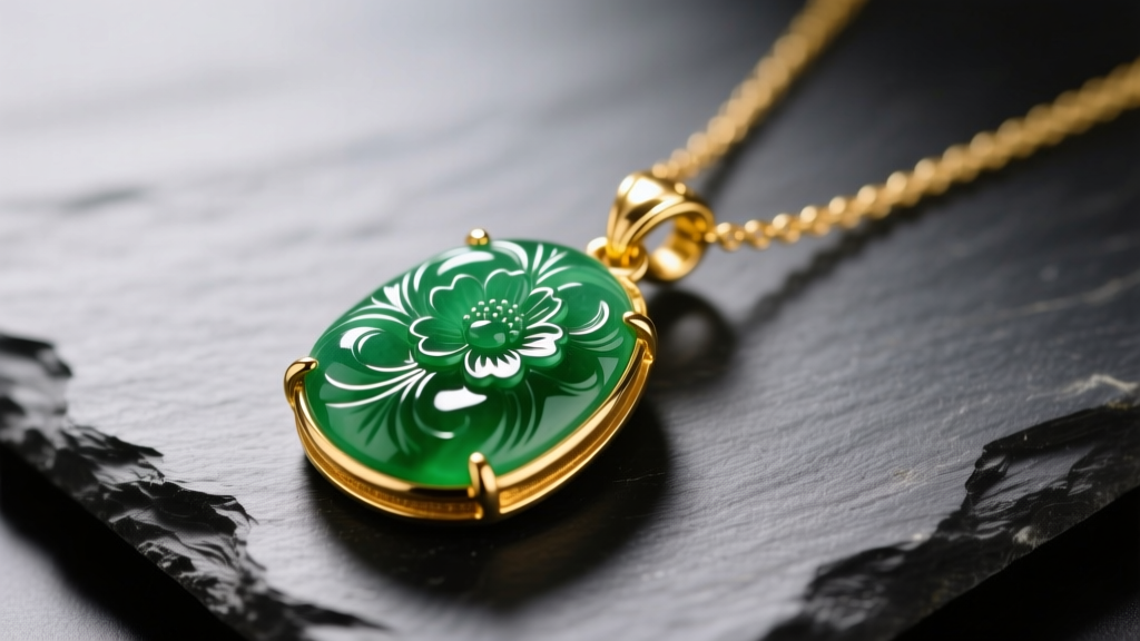 Close-up of an 18k yellow gold necklace with a carved green jadeite pendant resting on dark slate under soft studio lighting.