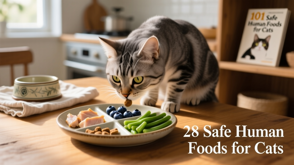 A cat gently sniffing a small dish containing plain cooked chicken, blueberries, and steamed green beans—showcasing safe, portion-controlled human food treats