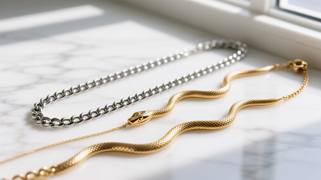 Flat lay of mixed-metal necklaces, featuring a 3mm stainless steel curb chain and an 18k gold vermeil snake chain on white marble