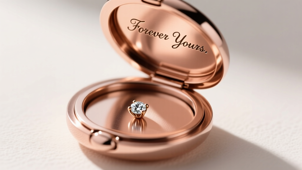 Close-up of a rose gold locket opened to show custom laser-engraved handwriting and a tiny bezel-set diamond accent inside.