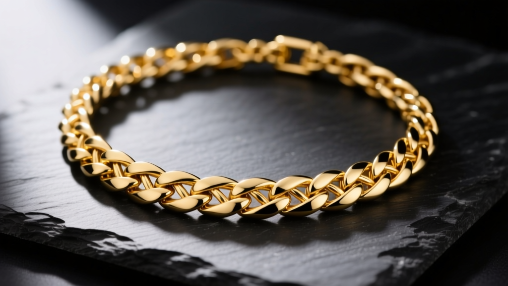 Close-up of a braided 18k yellow gold chain necklace on dark slate, showing warm luster and intricate metal link texture.