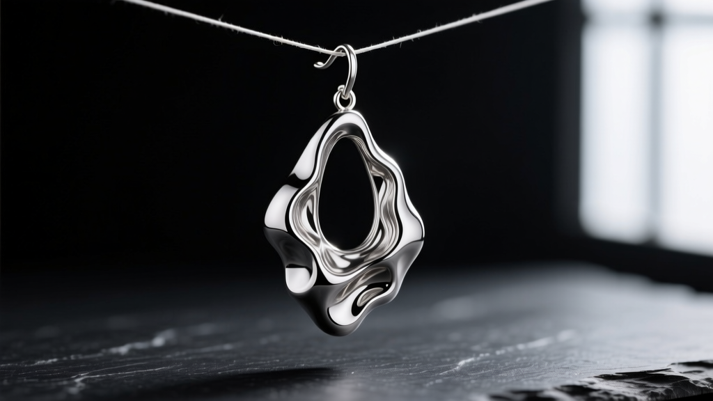 Abstract molten 316L stainless steel asymmetrical drop earring with a textured surface resting on a matte black slate background