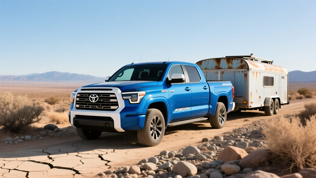 Blue Toyota Tundra i-FORCE MAX pickup truck parked on a rocky dirt trail with a boat trailer attached behind it