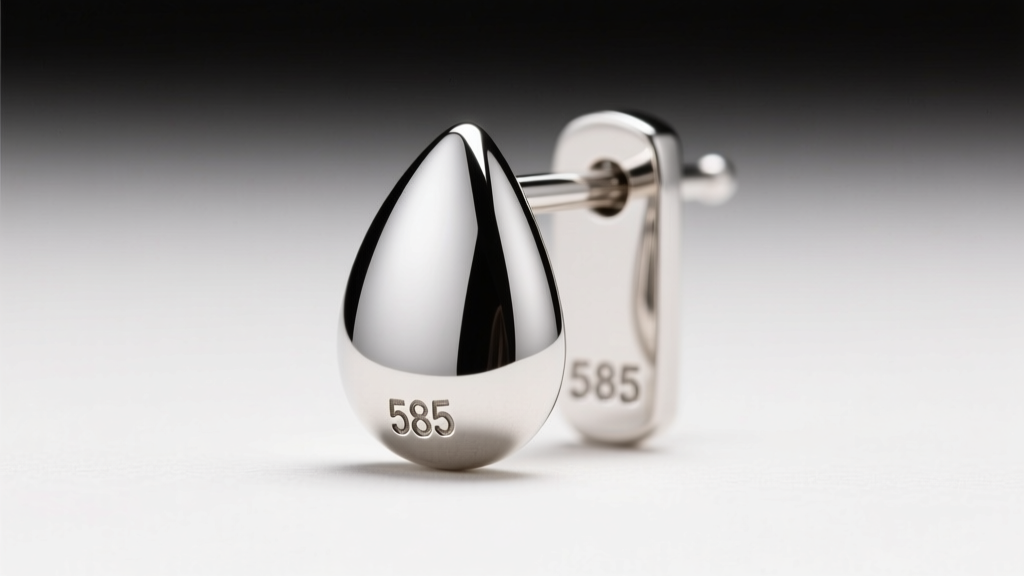 Macro shot of a rhodium-plated 14k white gold teardrop earring post, showing the bright silver mirror finish and 585 karat stamp