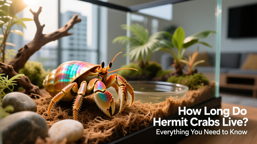 A vibrant land hermit crab resting on natural substrate inside a well-equipped enclosure