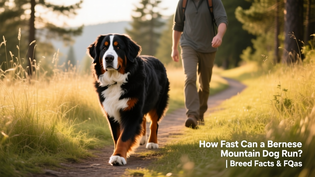 A Bernese Mountain Dog walking calmly beside its owner on a grassy trail