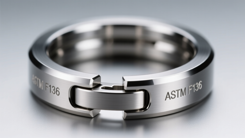 Macro shot of ASTM F136 titanium hinged segment ring showing a seamless clicker closure mechanism in bright studio lighting.