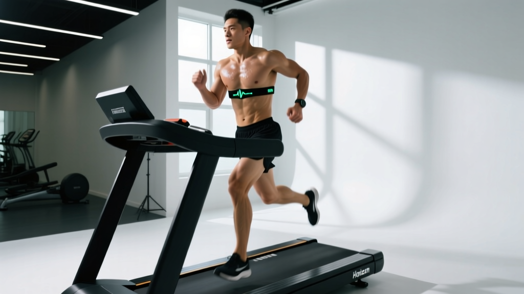 Runner performing a steep 15 percent incline walking interval on a Horizon treadmill while monitoring heart rate on a chest strap monitor