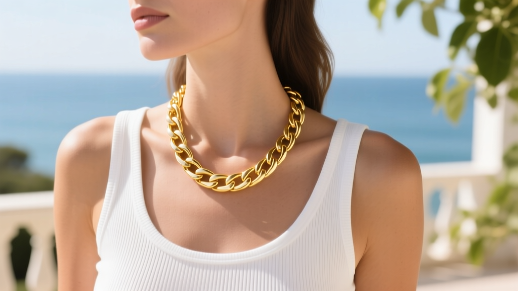 16-inch PVD gold box chain necklace on bare collarbone of woman in white ribbed tank top standing in bright summer sunlight.