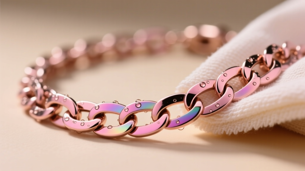Macro shot of a pink PVD coated stainless steel chain necklace gently wiped with a microfiber cloth under warm studio lighting