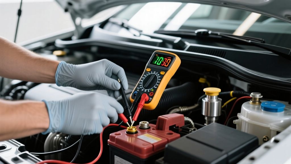 Hands wearing nitrile gloves using a digital multimeter to test voltage on a car battery terminal in an open engine bay