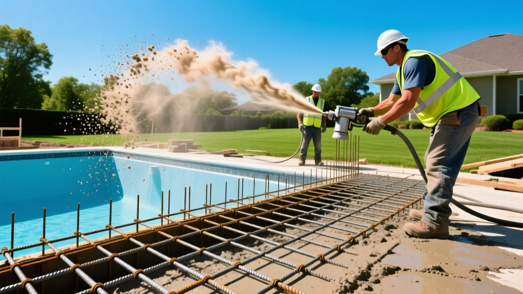 Crew spraying dry-mix gunite over a steel rebar grid for an inground pool shell on a sunny residential construction site