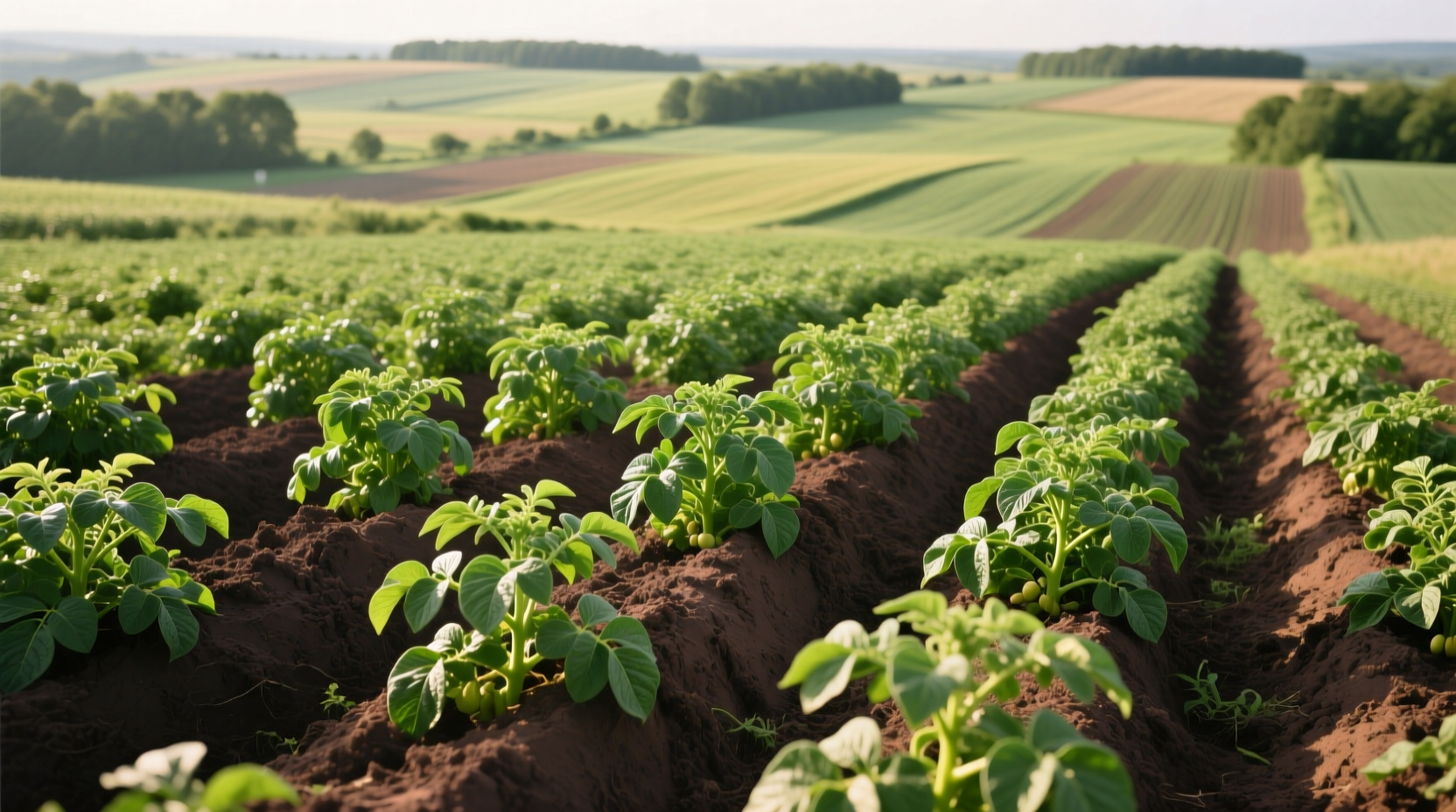Healthy potato field with green plants and soil mounds