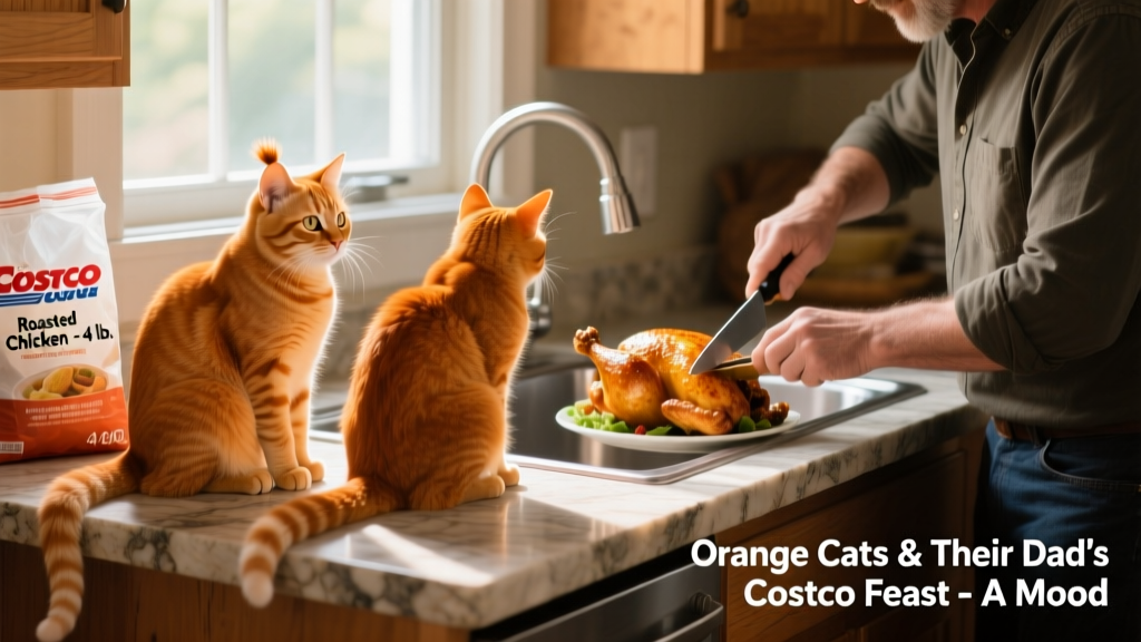 Two orange cats sitting side by side on a kitchen island, intently watching their dad carve a roasted chicken at the sink