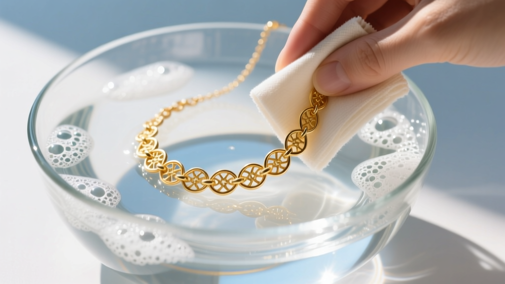 Soft microfiber cloth gently wiping a delicate gold-plated chain necklace over a glass bowl of distilled water and mild soap suds.
