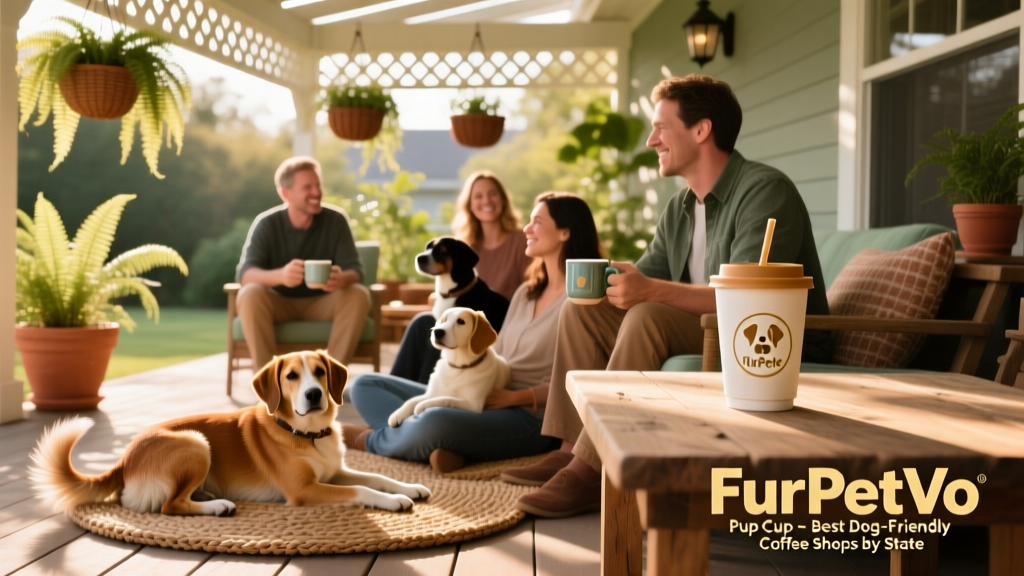 A group of dogs sitting calmly on a covered patio with their owners, coffee cups on tables, and a FurPetVo branded pup cup visible on one table