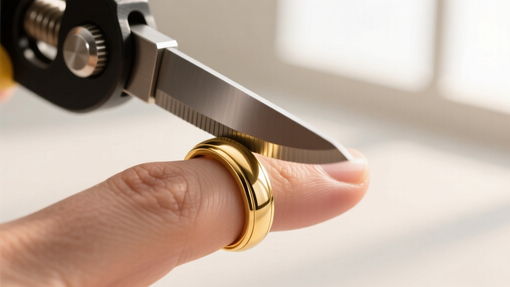 Manual steel ring cutter positioned over a 14k gold permanent ring, demonstrating the emergency removal process on a human finger
