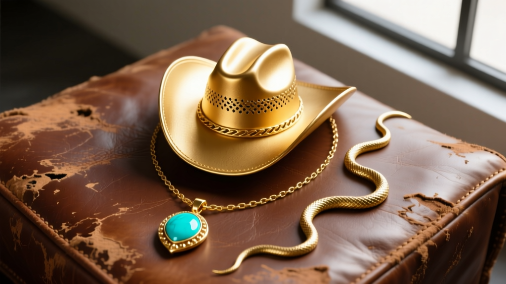 Top-down flat lay of a gold cowboy hat necklace layered with a turquoise pendant and snake chain on distressed brown leather.