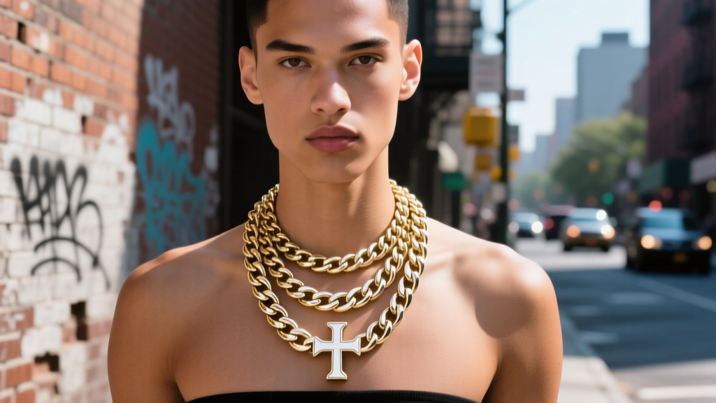 Streetwear model wearing a layered 14k white gold Christ necklace with a thick Cuban chain, urban daylight setting, sharp focus