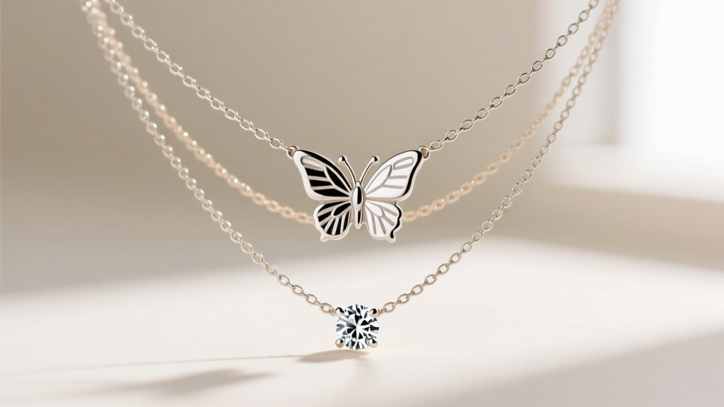 Layered necklace stack featuring a 14k white gold butterfly pendant on a 1.0mm box chain, paired with a simple diamond solitaire