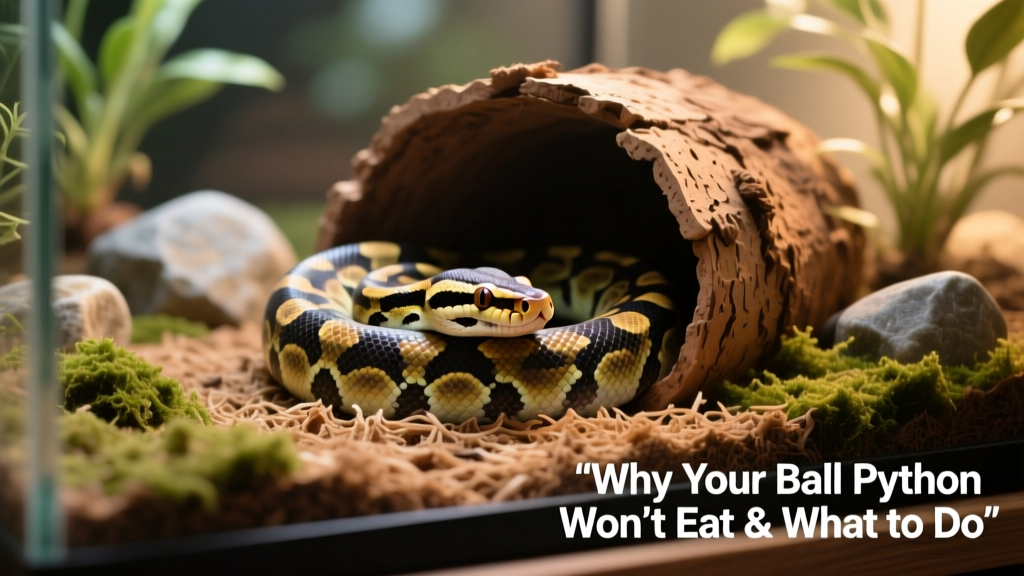 Ball python coiled inside a natural cork bark hide in a well-furnished terrarium with appropriate substrate and background
