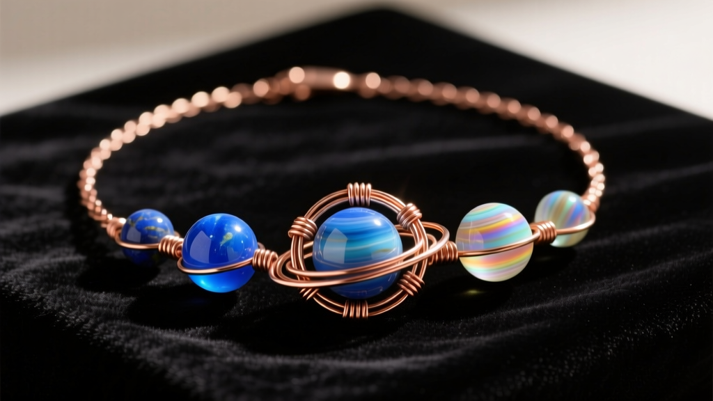 Wire-wrapped solar system necklace with lapis and glass planets resting on dark velvet, illuminated by soft, warm studio lighting.