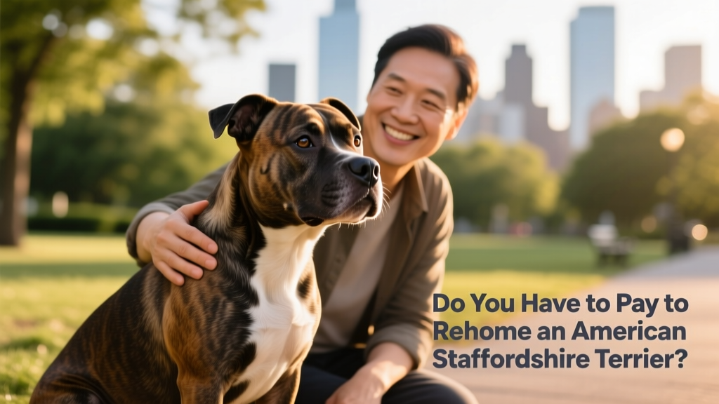 A calm, well-groomed American Staffordshire Terrier sitting beside a smiling adult, symbolizing responsible rehoming