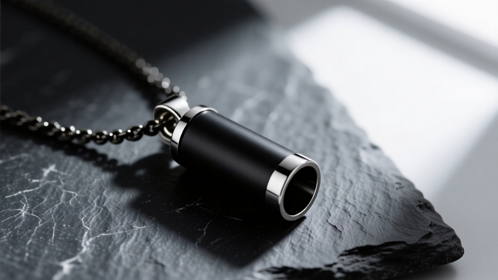 Close-up of a matte black 316L stainless steel breathing necklace pendant on dark slate, highlighting the cylindrical tube design.
