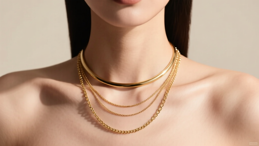 Profile of a woman wearing layered 14-inch and 16-inch gold vermeil necklaces, highlighting the delicate chain drape on bare skin.