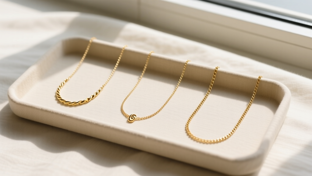 Overhead flat lay of three gold necklaces measuring 14, 16, and 18 inches, arranged neatly on a beige linen jewelry tray.